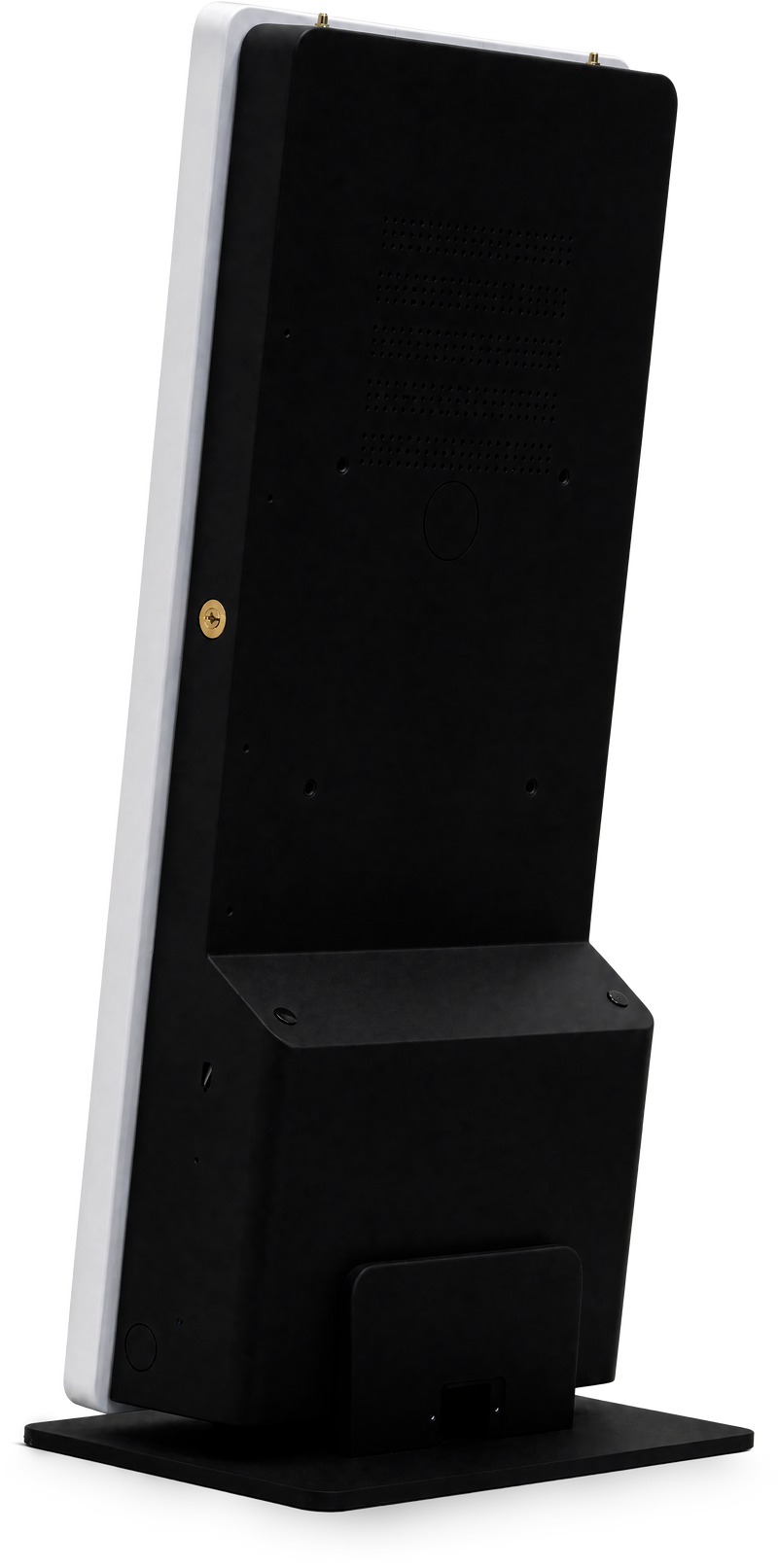R&uuml;ckansicht des VYSOT 24" Desktop-Kiosks mit Schloss und Standfu&szlig;