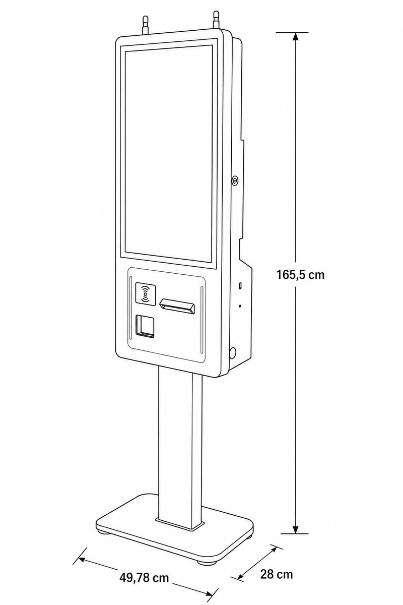 Technische Zeichnung mit Ma&szlig;en des freistehenden Vypos 24 Zoll Kiosks