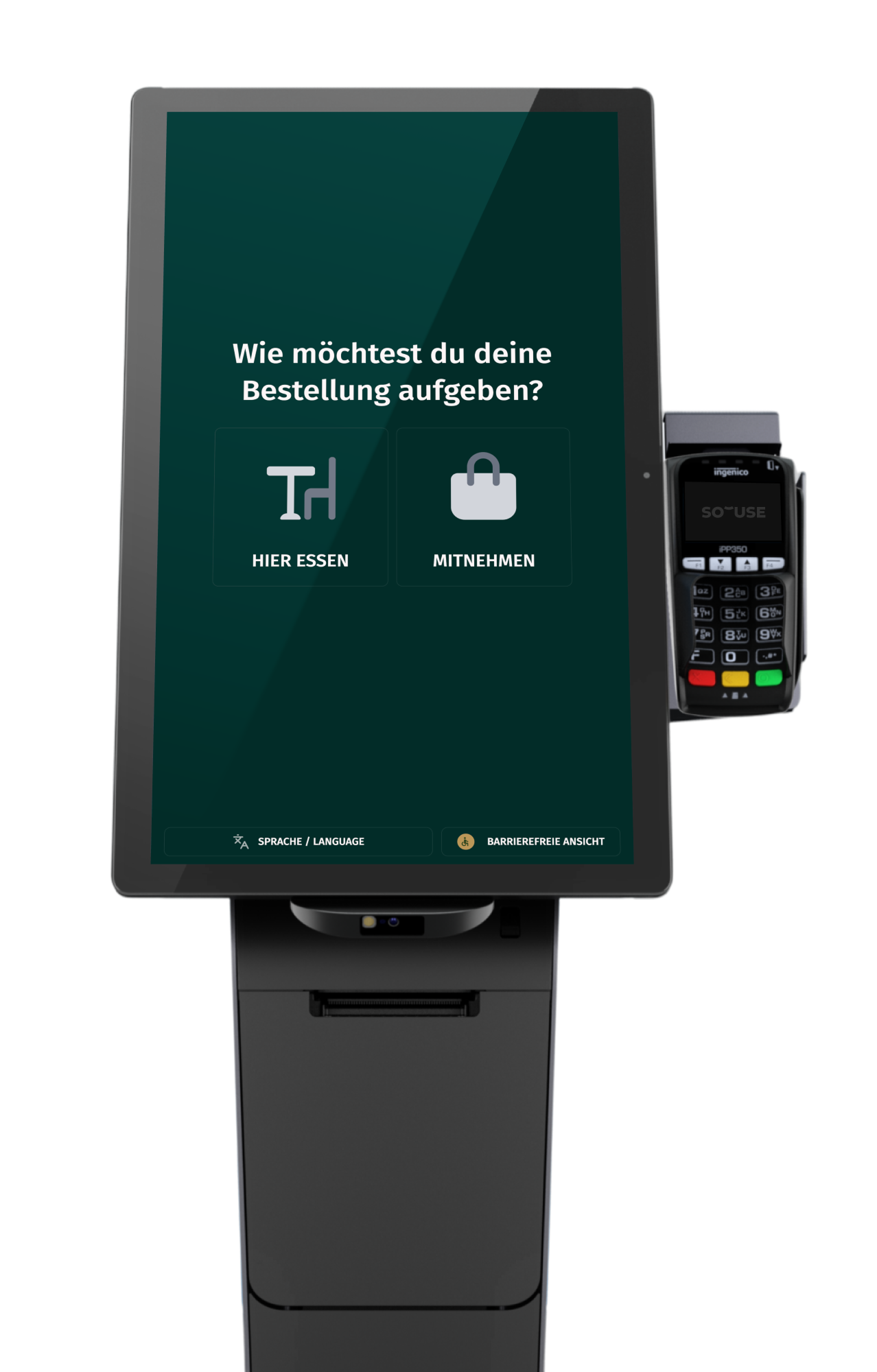 Startbildschirm eines Bestellterminals mit der Auswahl zwischen Hier essen und Mitnehmen