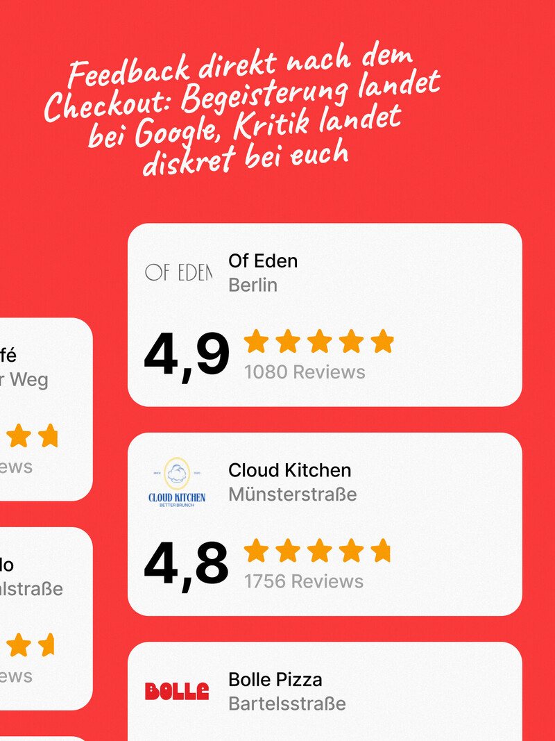 Screenshot von SO'USE der zeigt wie Kundenfeedback direkt nach dem Bezahlvorgang erfasst wird, mit Google-Bewertungen f&uuml;r verschiedene Restaurants